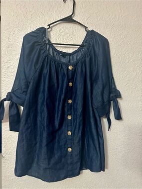 Unique Spectrum Navy Button-Front Peasant Blouse with Tie Sleeves